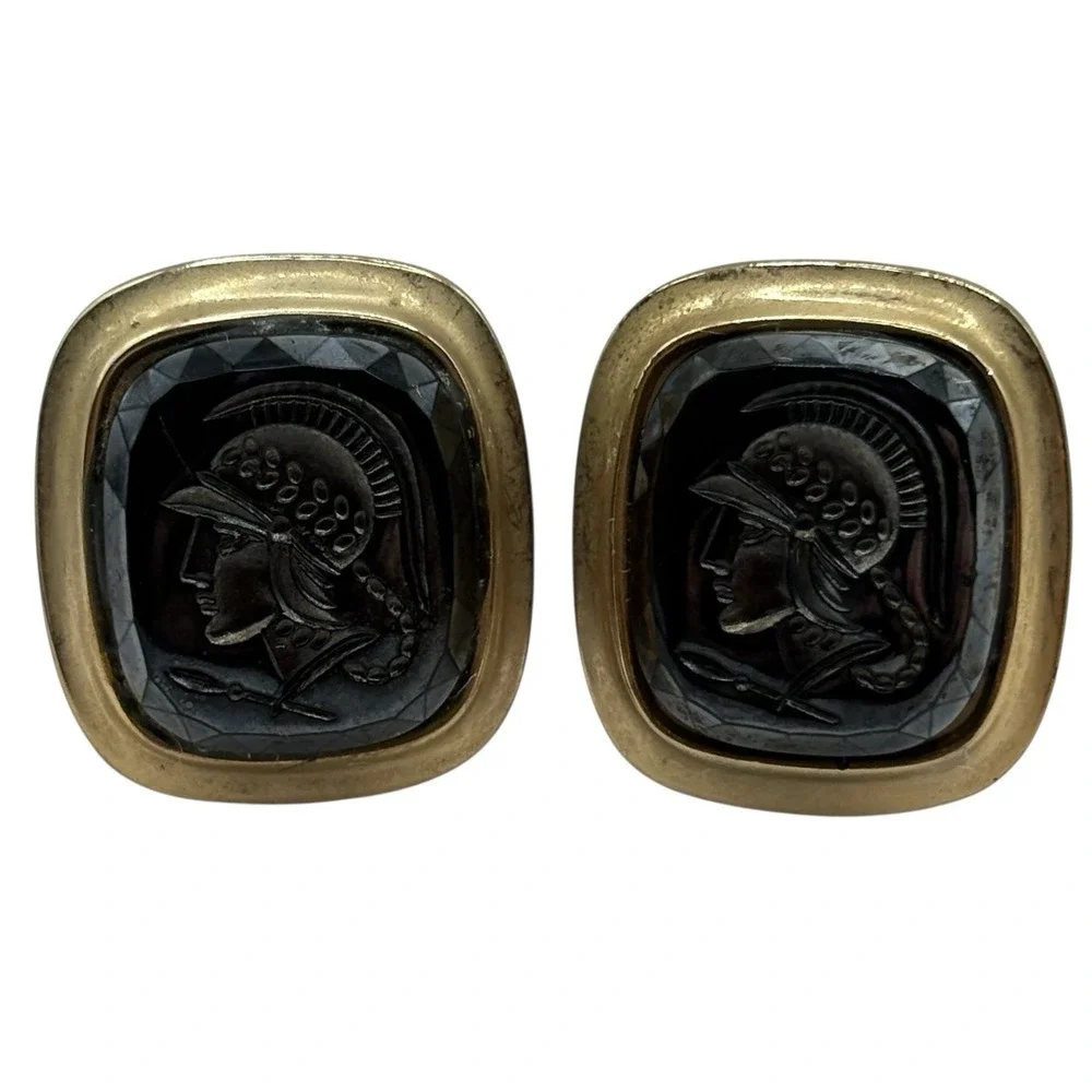 Roman or Greek Soldier‎ Cufflinks Vintage Gold Tone Frame MCM Black Design Retro